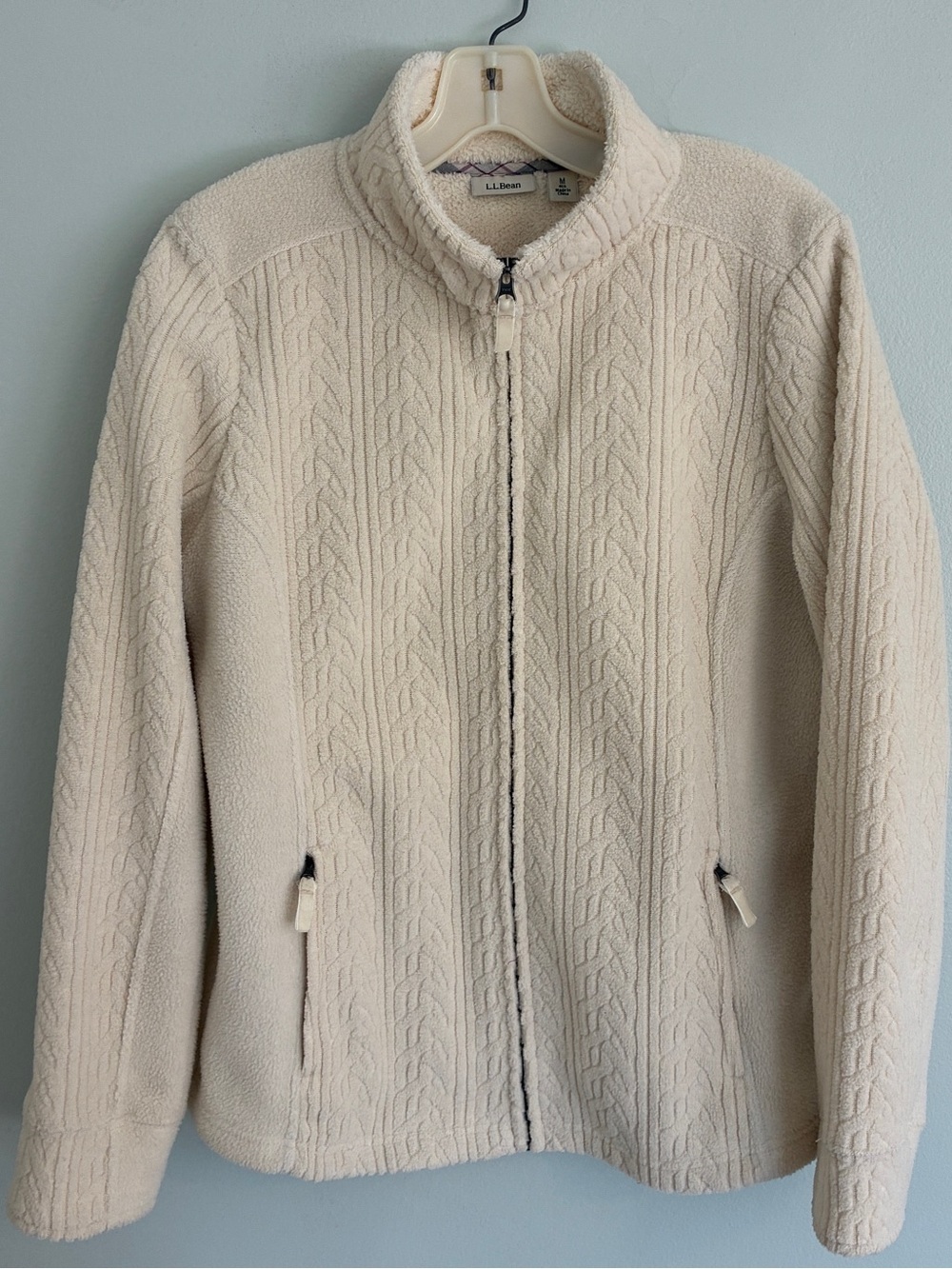 L.L. Bean Cream Cable-Knit Fleece Full-Zip Jacket